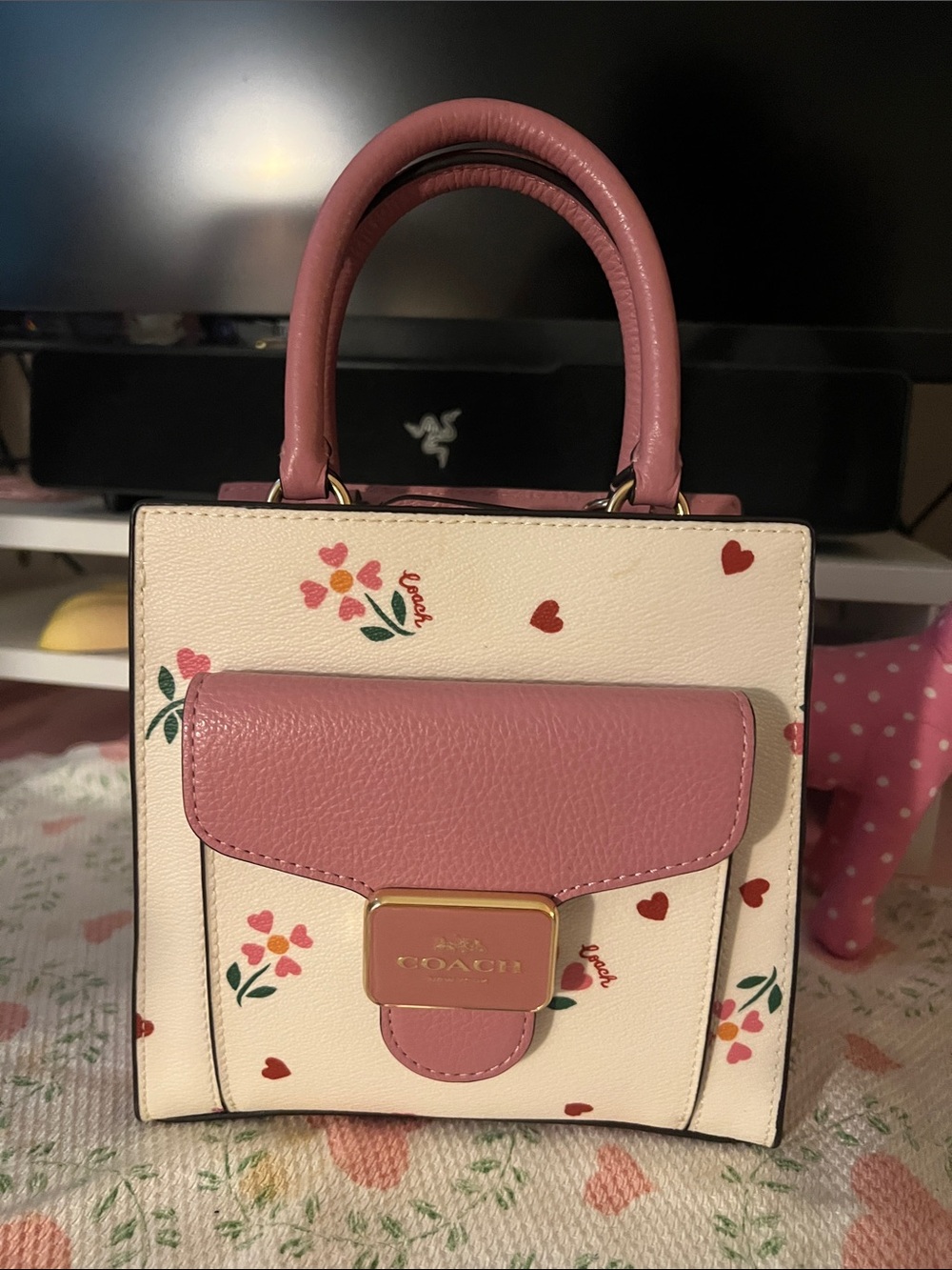 Coach Pink and Cream Floral Heart Small Top-Handle Bag